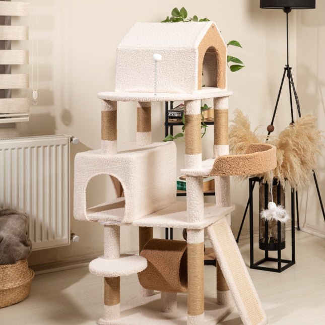 Karamel Kedi Ağacı - 3 Katlı, Tırmalama Direği, Yatak Ve Oyuncaklı, Bej-kahverengi, kolay kurulum