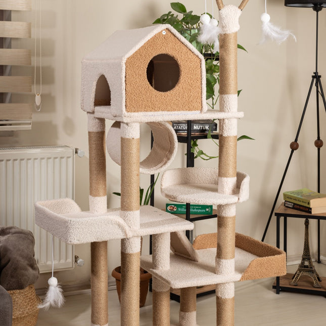 Bella Kedi Ağacı - 3 Katlı, Tırmalama Direği, Yatak Ve Oyuncaklı, Bej-kahverengi, kolay kurulum